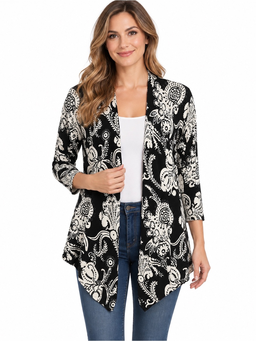 Cyrus Black & White Paisley Open-Front Tunic Cardigan - 1090
